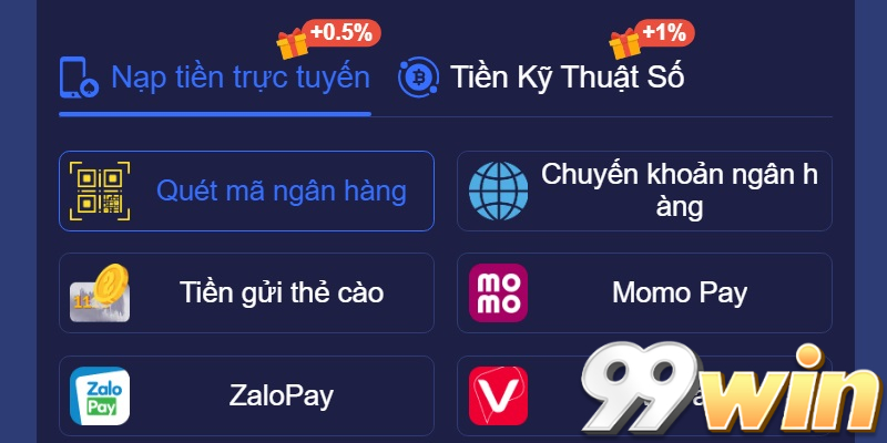 Nhiều hình thức nạp tiền 99win